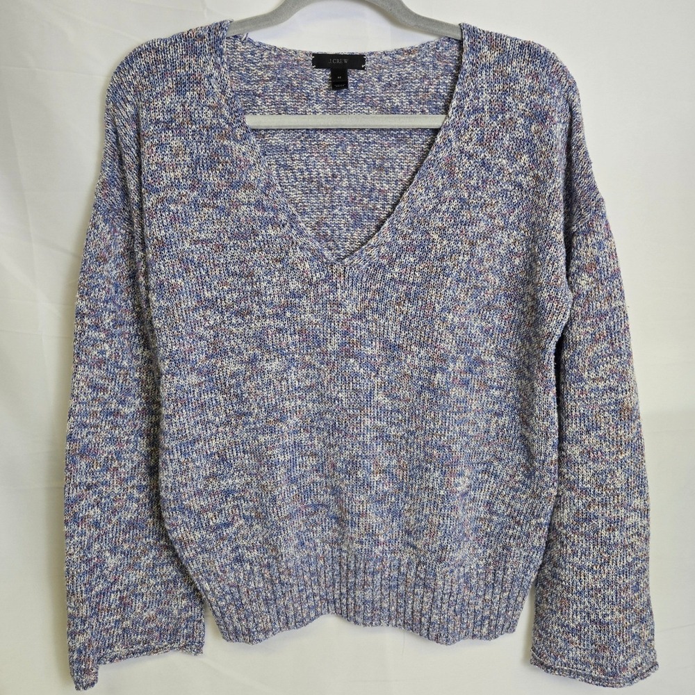 J. Crew Flare Sleeve‎ Marled Knit V-neck Swing Sweater H8986 Preppy Blue Medium